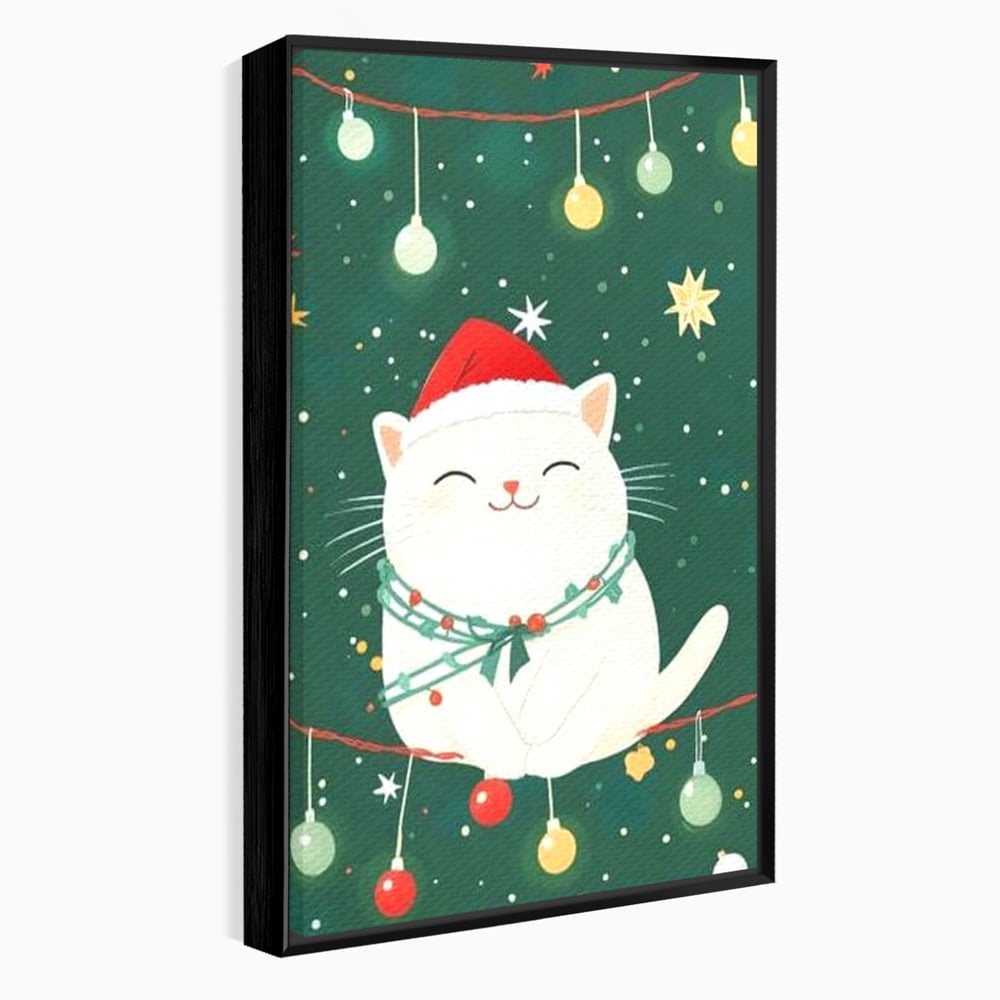 Tablou canvas cu ilustratie cu pisica alba de craciun, in rama de aluminiu negru